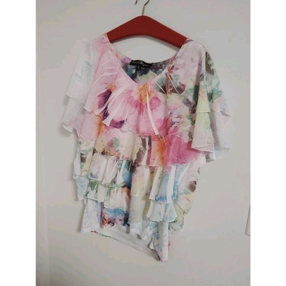 Floral Blouse Layers Flutter Sleeve Pastels Artsy Boho Size XL French Bazaar